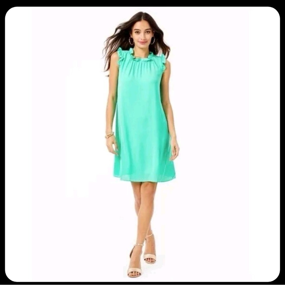 Lilly Pulitzer Green Ruffle Neck Sleeveless Shift Dress Keyhole Back Medium